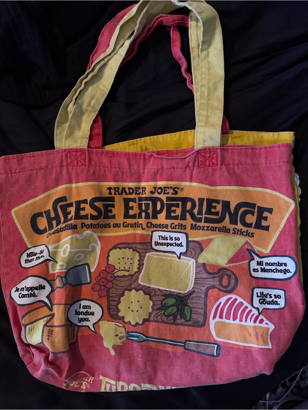 Trader Joe's Pink and Yellow 'Cheese Experience' and Waffle Canvas Tote